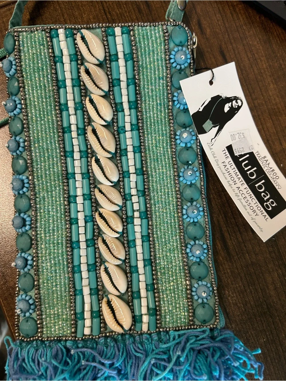 Turquoise Beaded Clutch Wristlet with Shell Detail